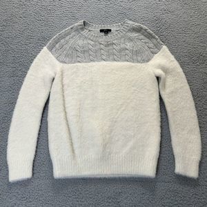 J Crew Sweater Womens XS Cream‎ & Gray Cable Fuzzy Merino Wool Crewneck